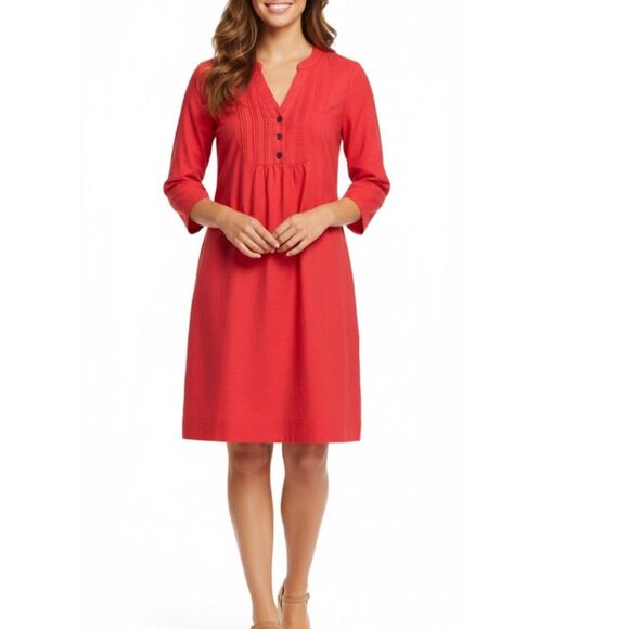Boden Poppy Red Cotton Linen Blend Pleat Button Front 3/4 Sleeve Dress Size 4 - Picture 1 of 15